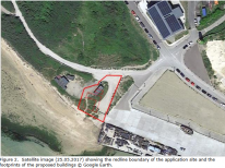 Figure 2. Satellite image (25.05.2017) showing the redline boundary of the application site and the footprints of the proposed buildings © Google Earth. Figure 2. Satellite image (25.05.2017) showing the redline boundary of the application site and the footprints of the proposed buildings © Google Earth.